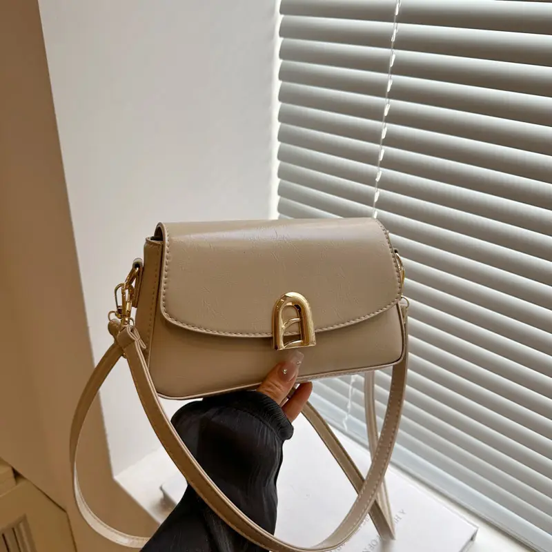 Women's Beige Crossbody Handbag with Gold Clasp - Image 6