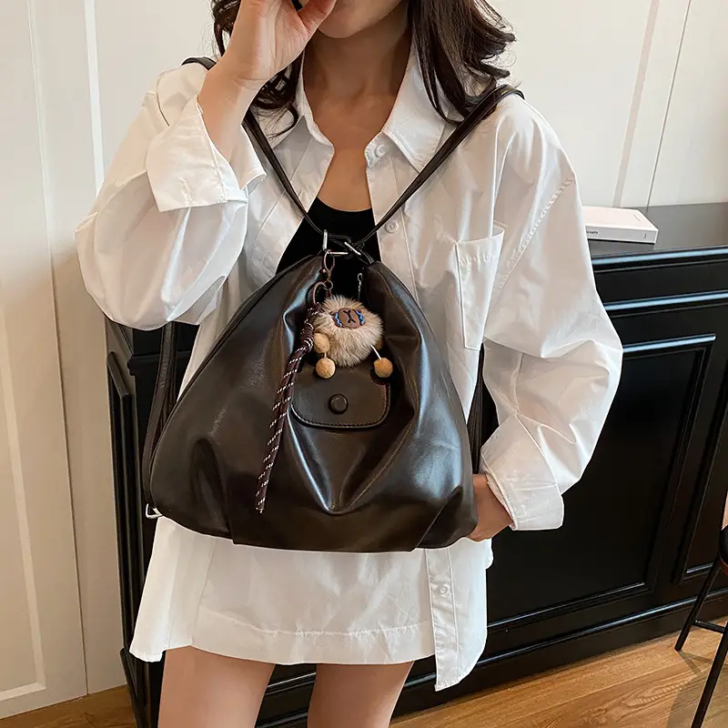 2026 Vintage Brown Leather Shoulder Tote Bag with Charm - Image 6