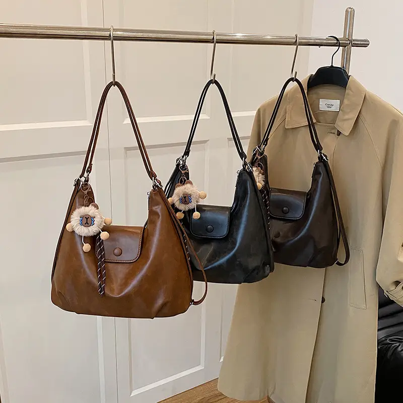2026 Vintage Brown Leather Shoulder Tote Bag with Charm - Image 7