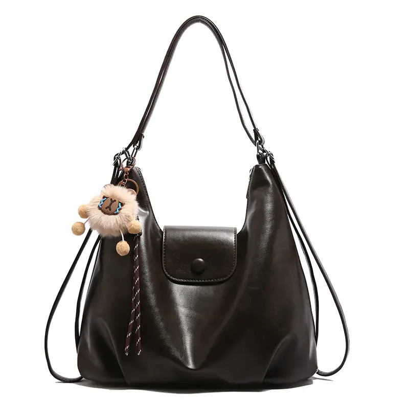 2026 Vintage Brown Leather Shoulder Tote Bag with Charm - Image 8
