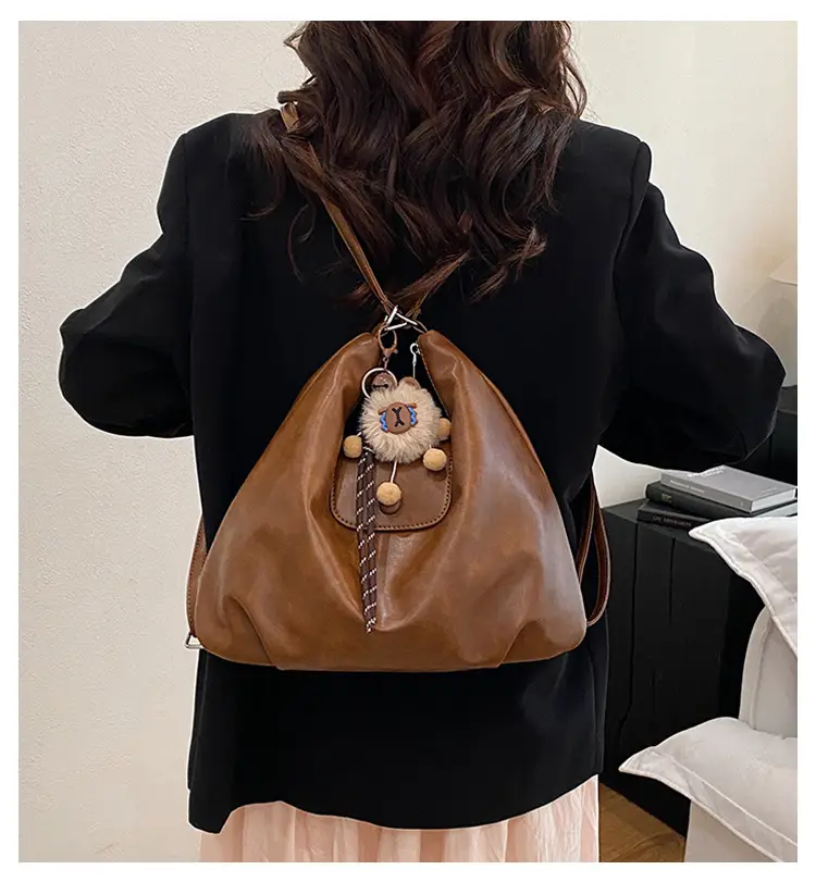 2026 Vintage Brown Leather Shoulder Tote Bag with Charm — feature 1
