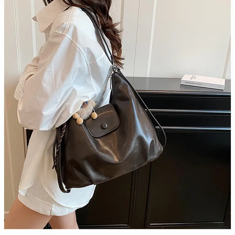 2026 Vintage Brown Leather Shoulder Tote Bag with Charm — feature 10
