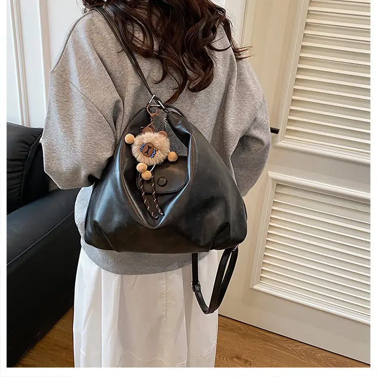 2026 Vintage Brown Leather Shoulder Tote Bag with Charm — feature 12