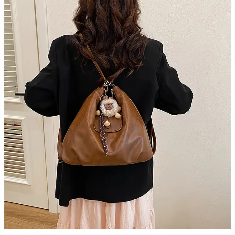 2026 Vintage Brown Leather Shoulder Tote Bag with Charm — feature 13
