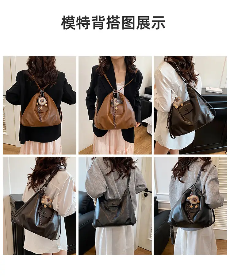 2026 Vintage Brown Leather Shoulder Tote Bag with Charm — feature 3