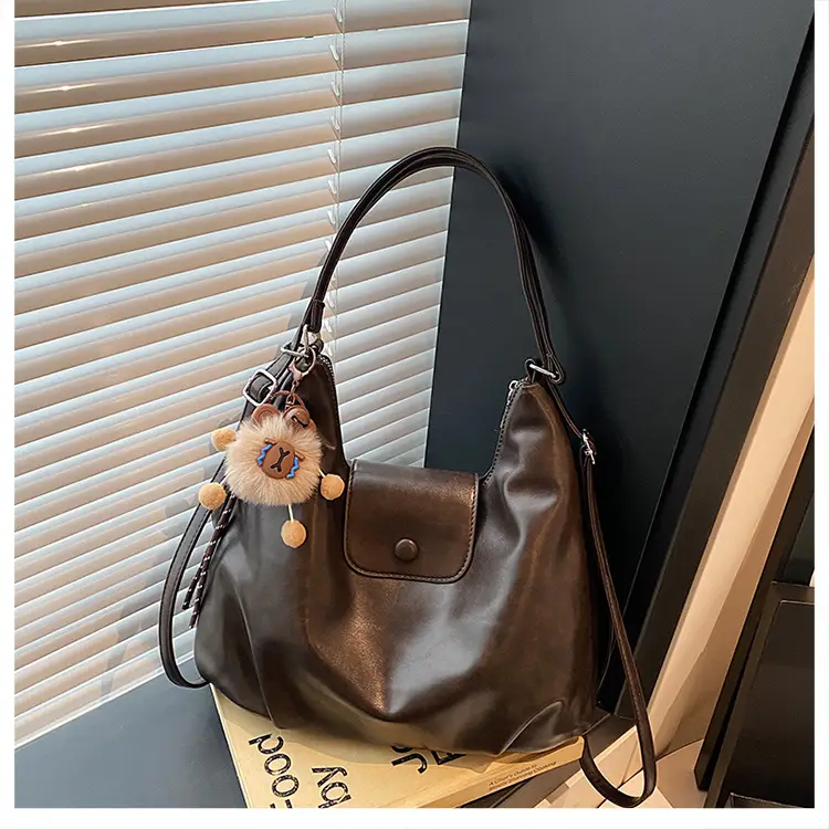 2026 Vintage Brown Leather Shoulder Tote Bag with Charm — feature 9