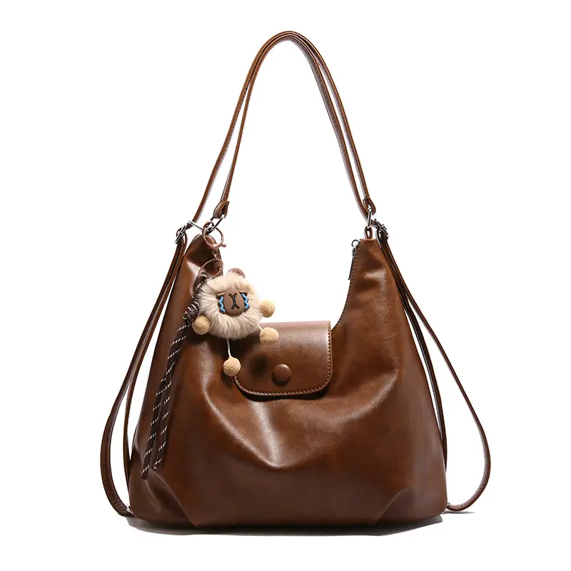 2026 Vintage Brown Leather Shoulder Tote Bag with Charm - Image 2