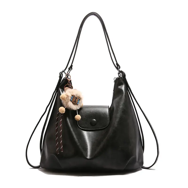 2026 Vintage Brown Leather Shoulder Tote Bag with Charm - Image 3