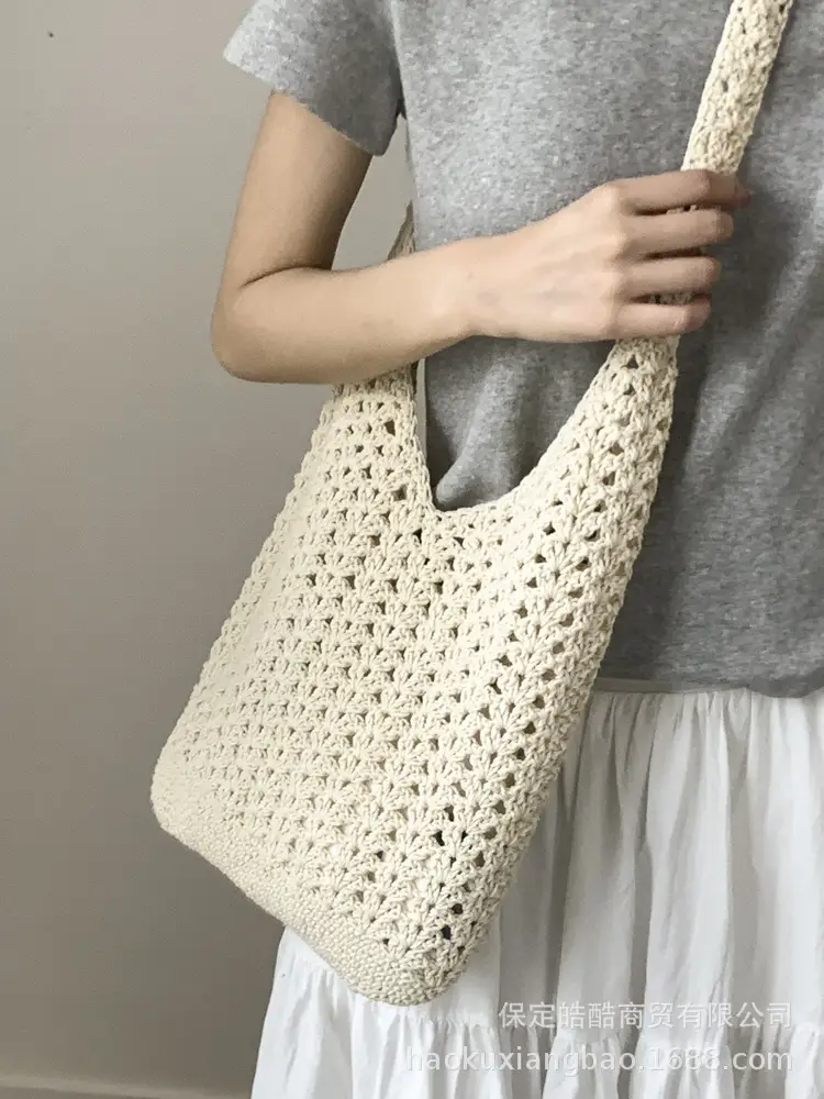 Women's Cream Cut Out Knitted Shoulder Bag Large Capacity