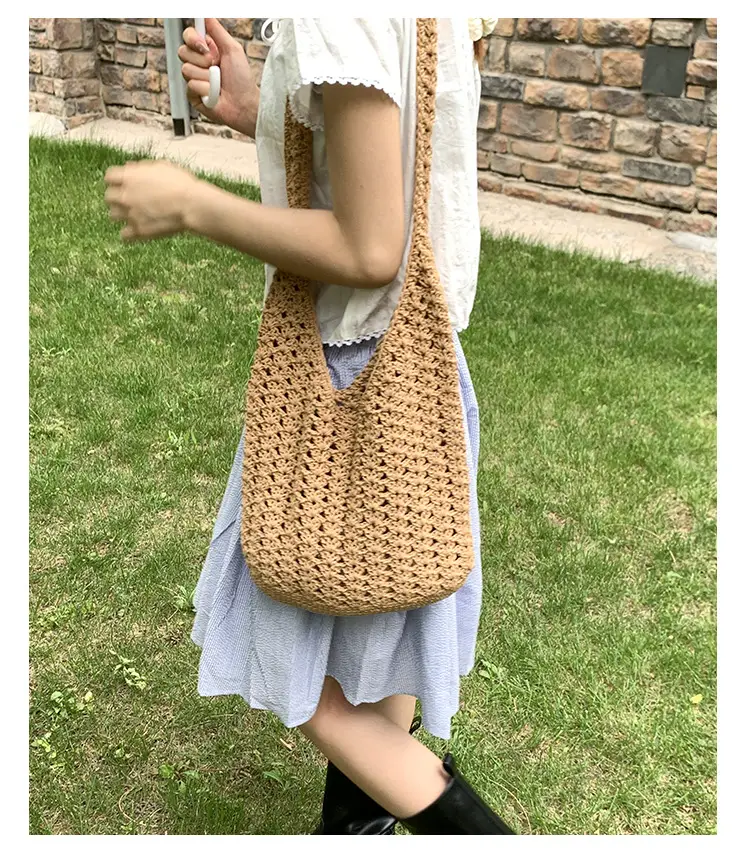 Women's Cream Cut Out Knitted Shoulder Bag Large Capacity — feature 10