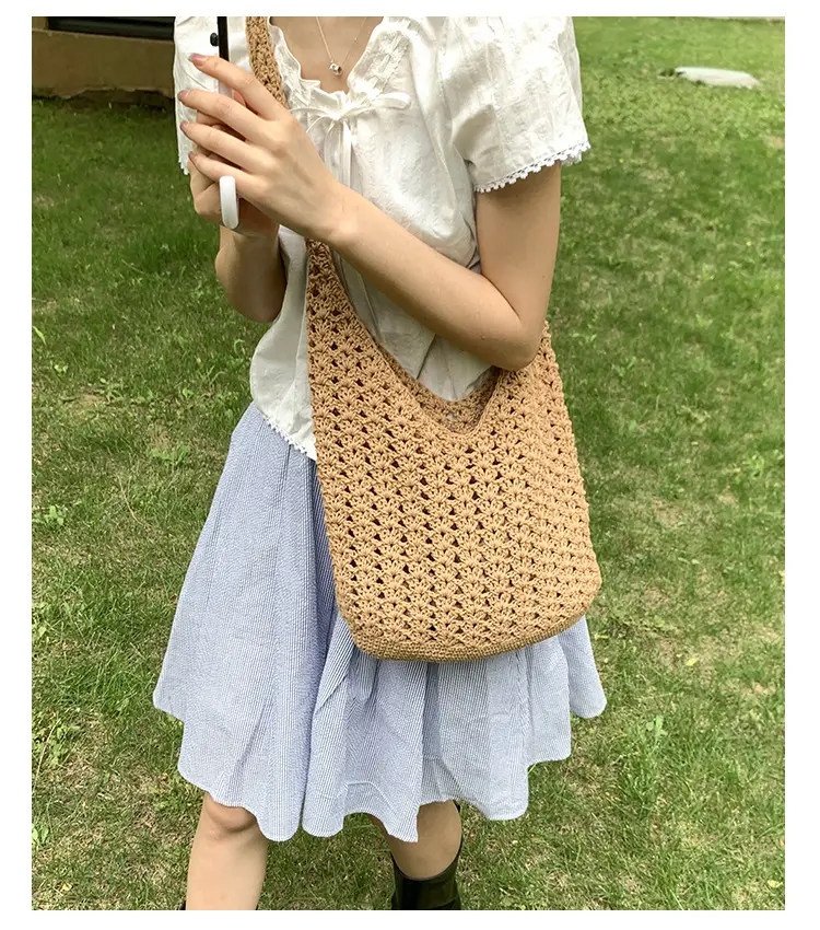 Women's Cream Cut Out Knitted Shoulder Bag Large Capacity — feature 11