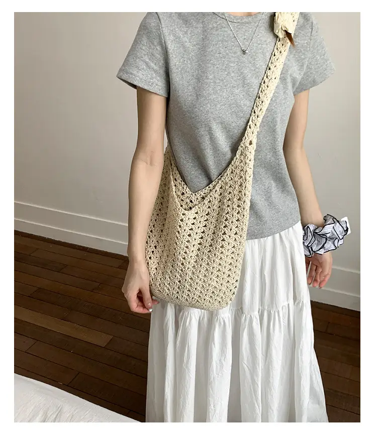 Women's Cream Cut Out Knitted Shoulder Bag Large Capacity — feature 12