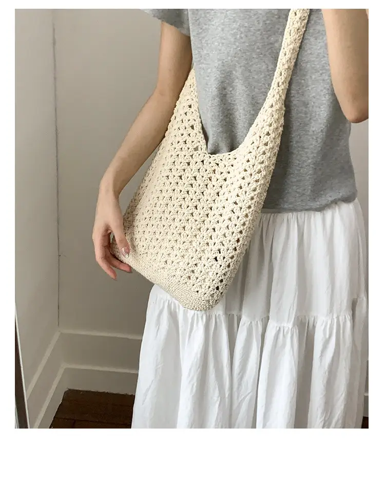 Women's Cream Cut Out Knitted Shoulder Bag Large Capacity — feature 13