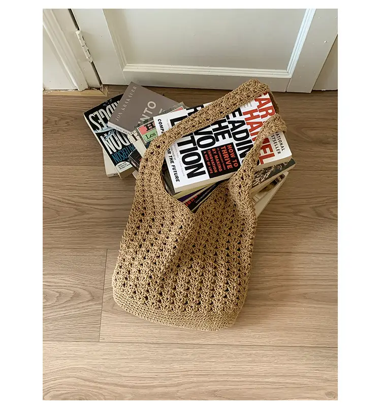 Women's Cream Cut Out Knitted Shoulder Bag Large Capacity — feature 21