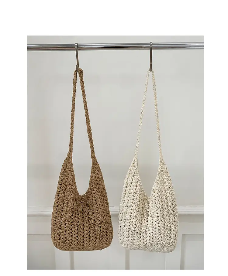 Women's Cream Cut Out Knitted Shoulder Bag Large Capacity — feature 3