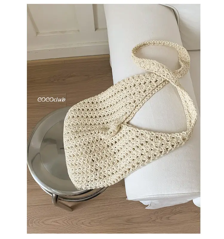 Women's Cream Cut Out Knitted Shoulder Bag Large Capacity — feature 4