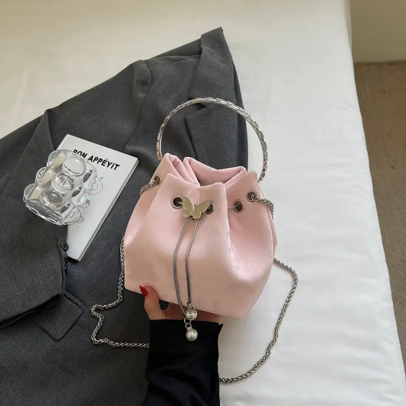 Korean Style Cream Bucket Bag with Chain Handle - Image 3