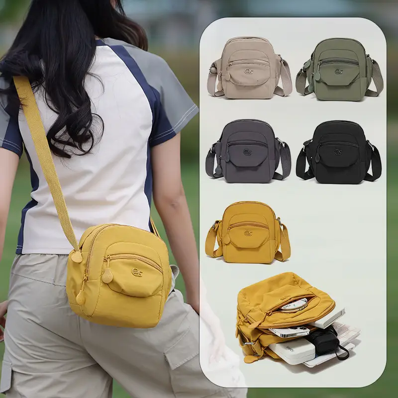 Women's Crossbody Bag Multi Layer Nylon Yellow Black - Image 6