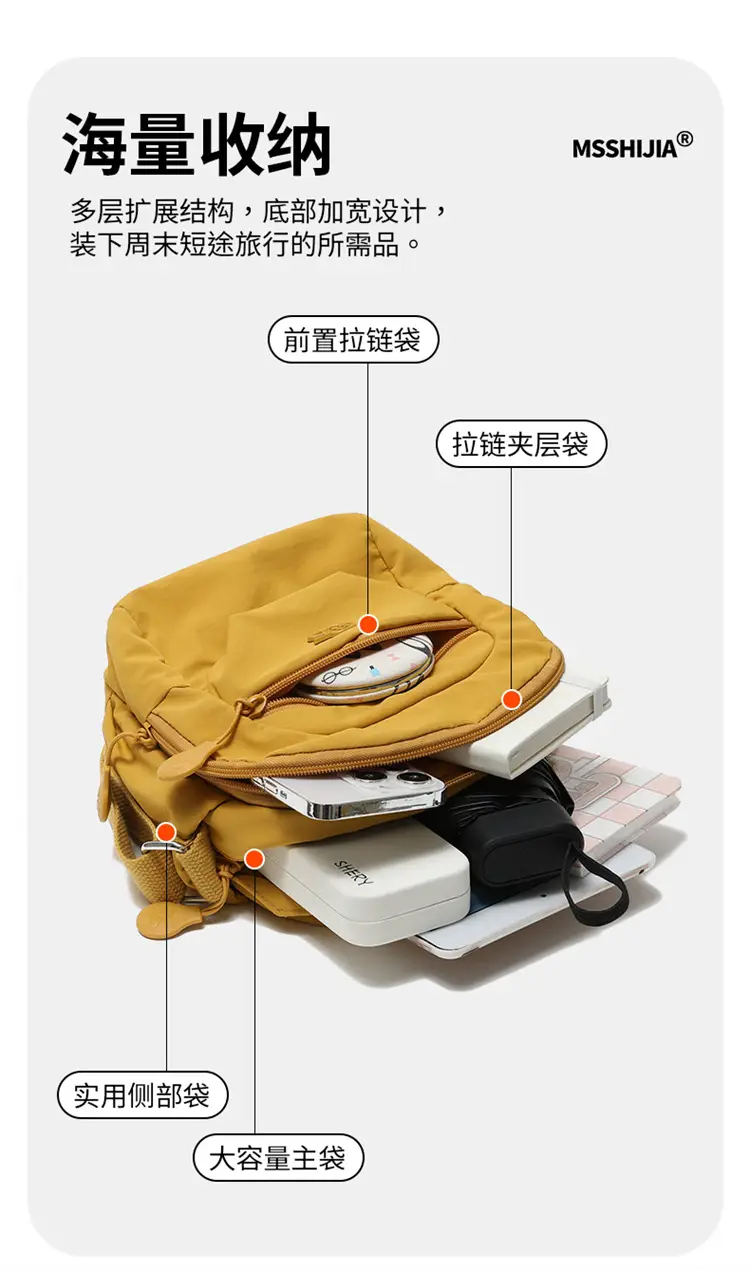 Women's Crossbody Bag Multi Layer Nylon Yellow Black — feature 7