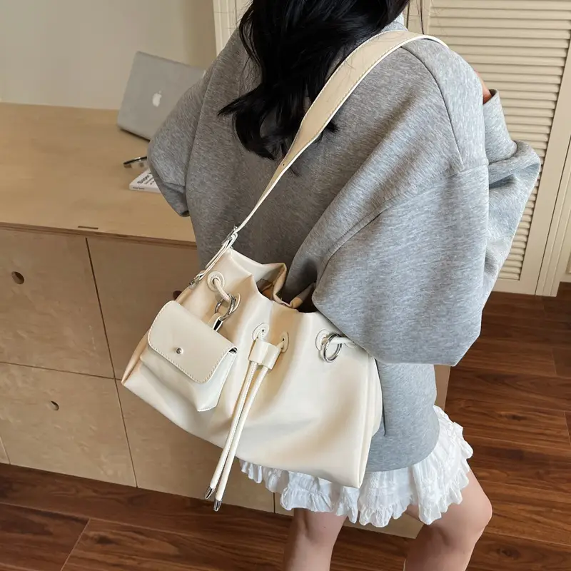 Women Drawstring Bucket Bags Black Yellow Green Beige