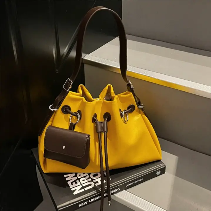 Women Drawstring Bucket Bags Black Yellow Green Beige