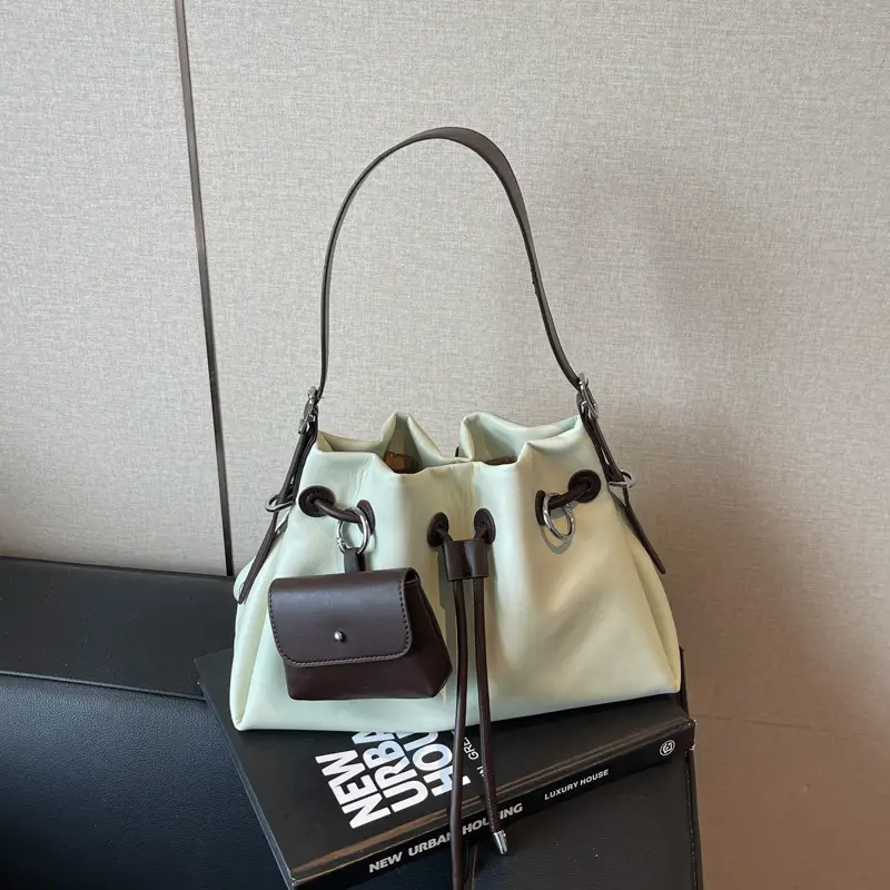 Women Drawstring Bucket Bags Black Yellow Green Beige
