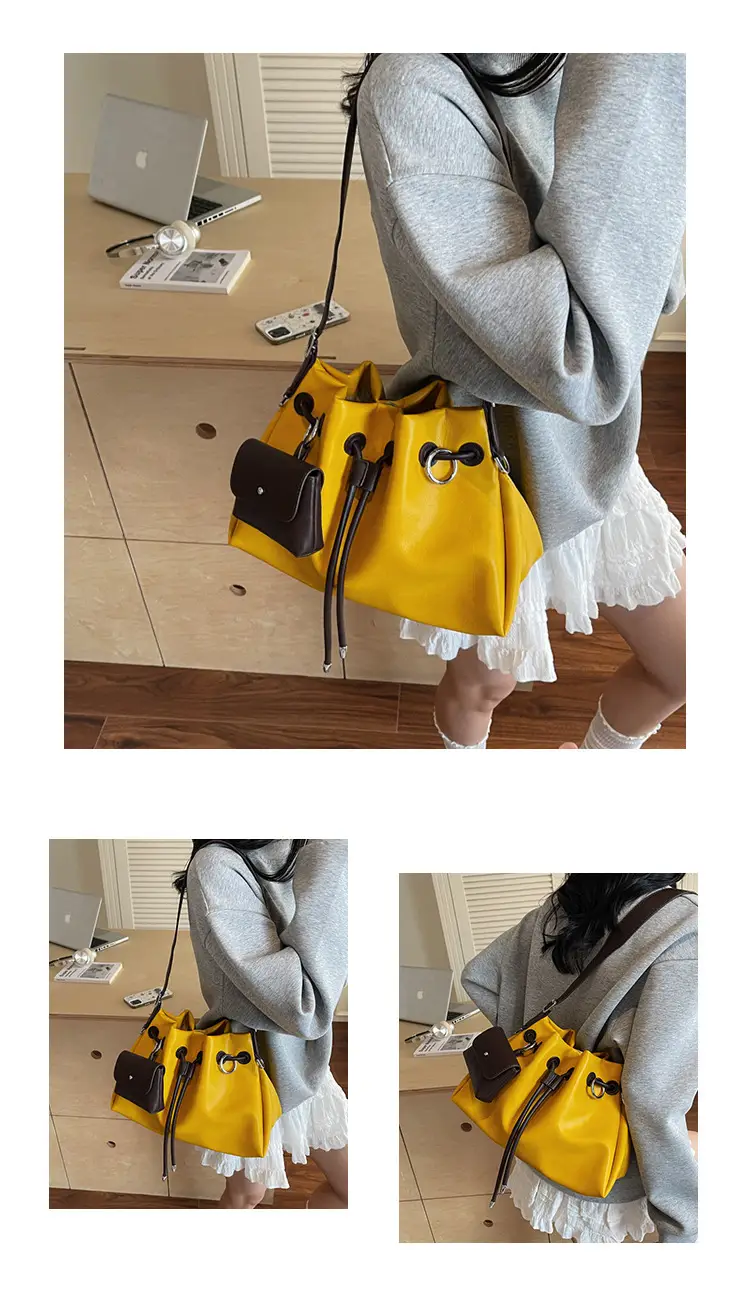 Women Drawstring Bucket Bags Black Yellow Green Beige — feature 12