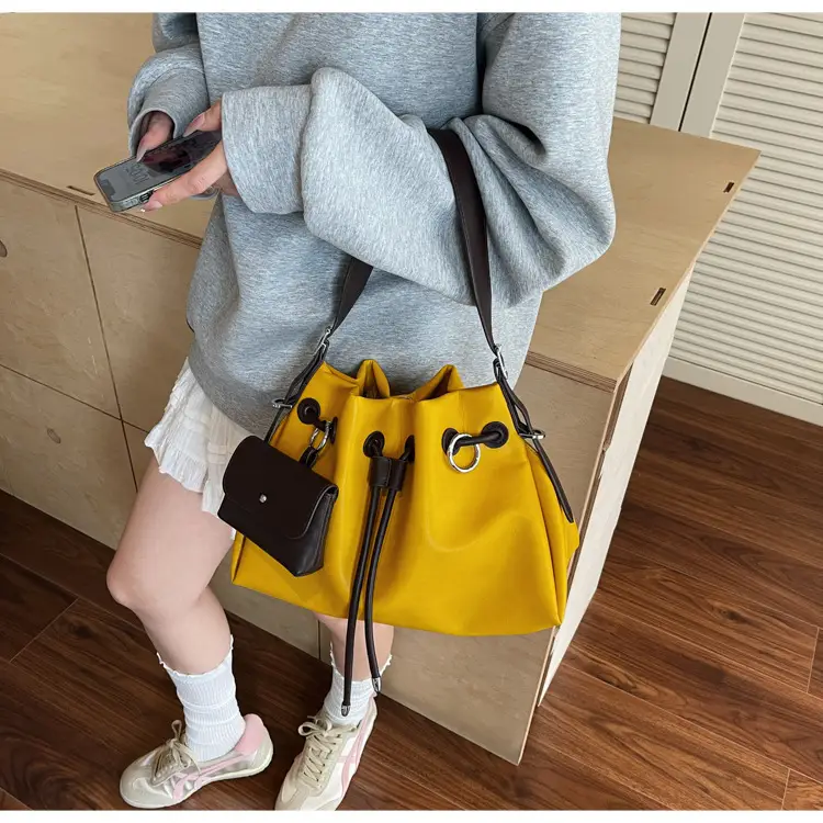 Women Drawstring Bucket Bags Black Yellow Green Beige — feature 21