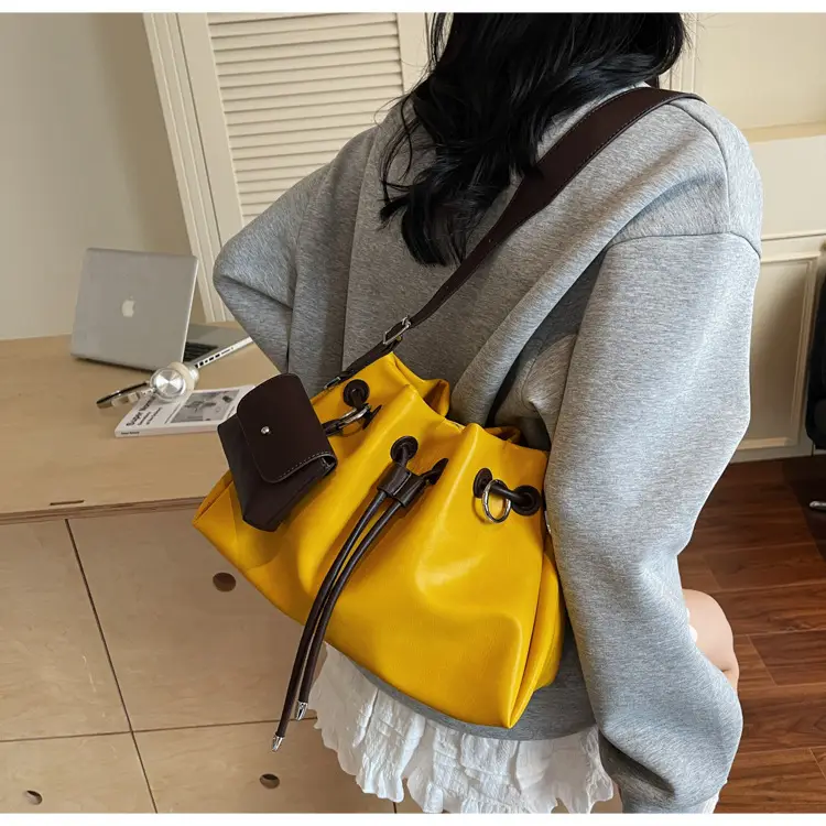 Women Drawstring Bucket Bags Black Yellow Green Beige — feature 22