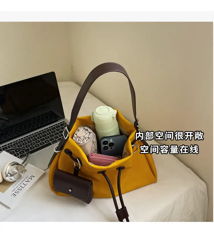 Women Drawstring Bucket Bags Black Yellow Green Beige — feature 9