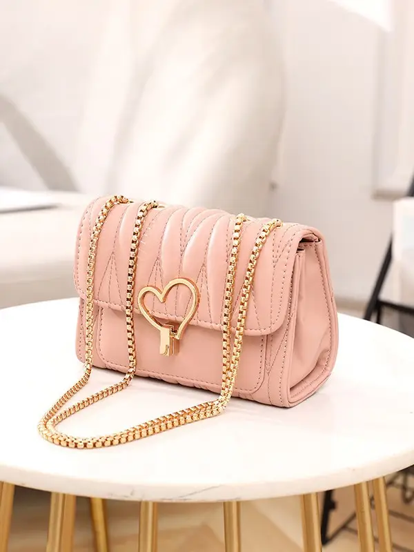Black Heart Lock Crossbody Bag with Gold Chain - Image 6