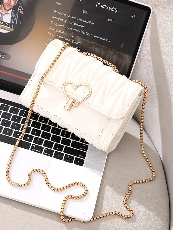 Black Heart Lock Crossbody Bag with Gold Chain - Image 9