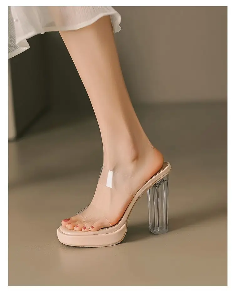 Transparent High-Heeled Shoes 2026 Summer New Style Waterproof Platform Thick Heel Nude Color Thick-Soled Crystal Sandals Slippers for Women to Wear Outside — feature 2