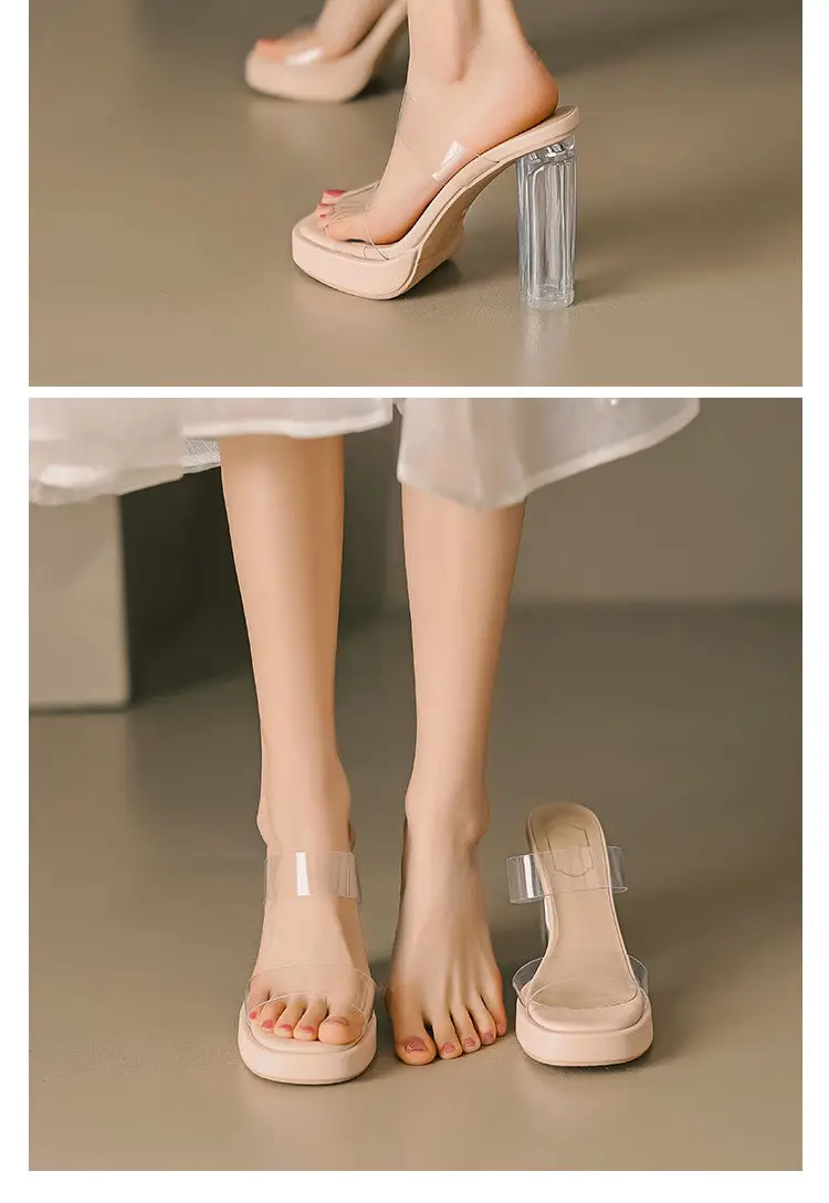 Transparent High-Heeled Shoes 2026 Summer New Style Waterproof Platform Thick Heel Nude Color Thick-Soled Crystal Sandals Slippers for Women to Wear Outside — feature 7