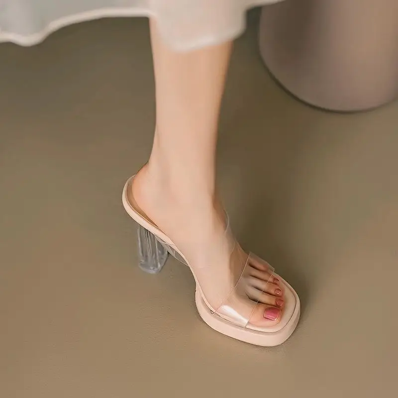 Transparent High-Heeled Shoes 2026 Summer New Style Waterproof Platform Thick Heel Nude Color Thick-Soled Crystal Sandals Slippers for Women to Wear Outside - Image 2