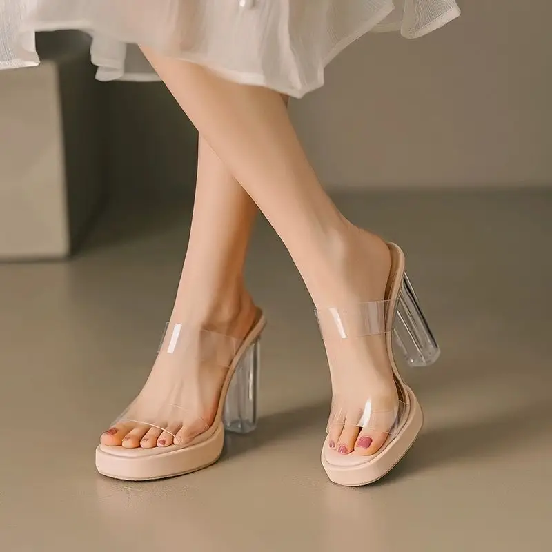 Transparent High-Heeled Shoes 2026 Summer New Style Waterproof Platform Thick Heel Nude Color Thick-Soled Crystal Sandals Slippers for Women to Wear Outside - Image 3