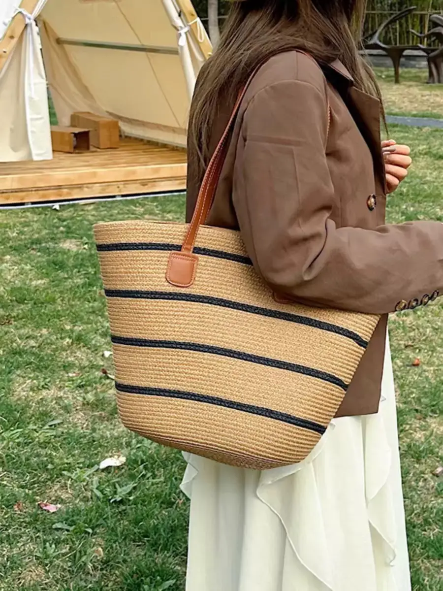 Women Straw Beach Bag Black Stripes 2025 - Image 47