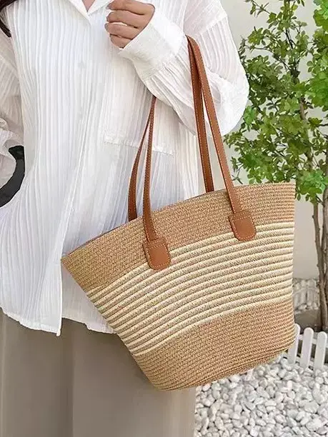 Women Straw Beach Bag Black Stripes 2025 - Image 48