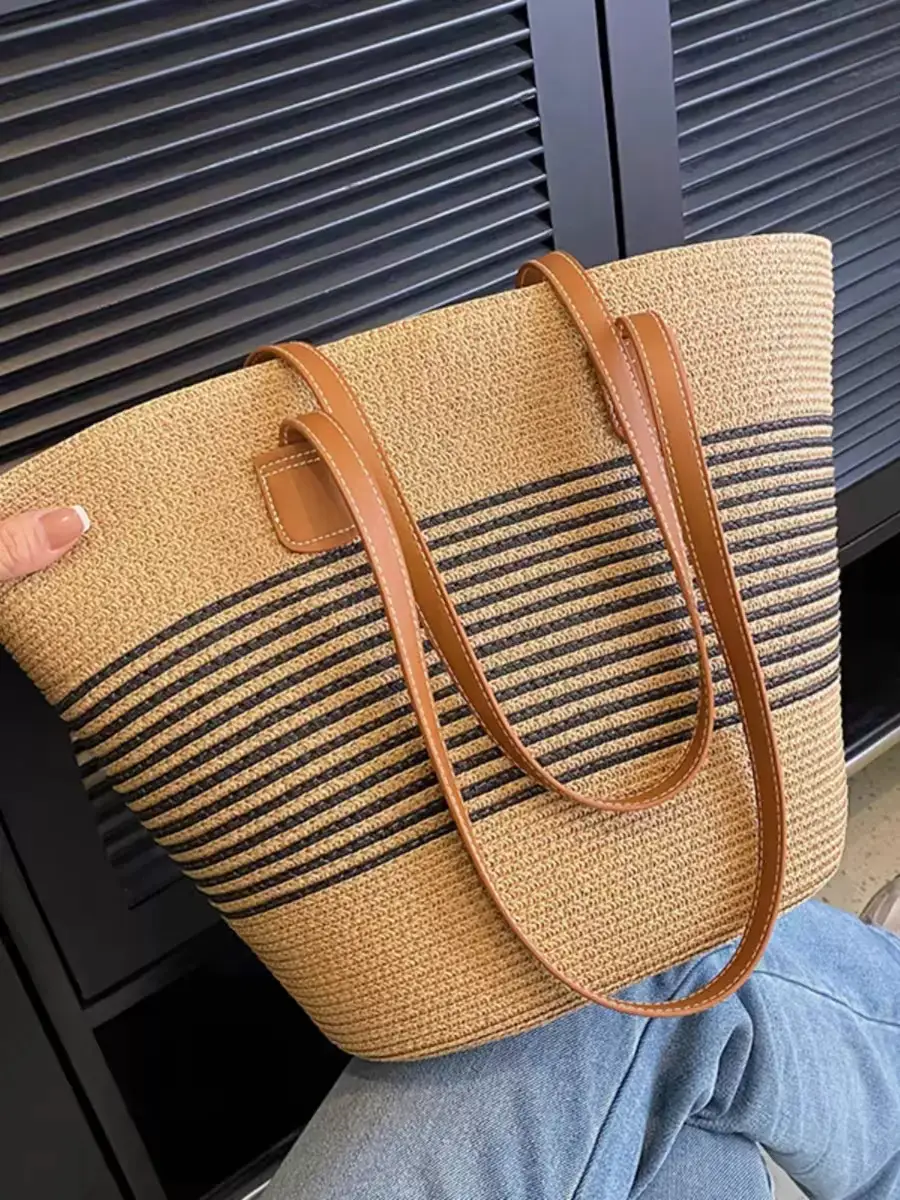 Women Straw Beach Bag Black Stripes 2025 - Image 50