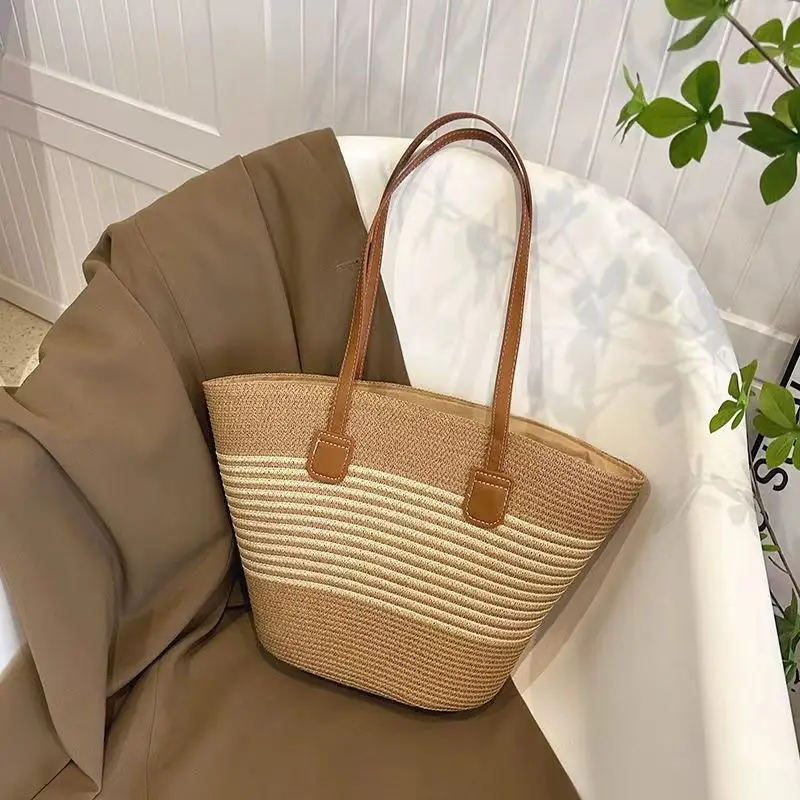 Women Straw Beach Bag Black Stripes 2025 — feature 1
