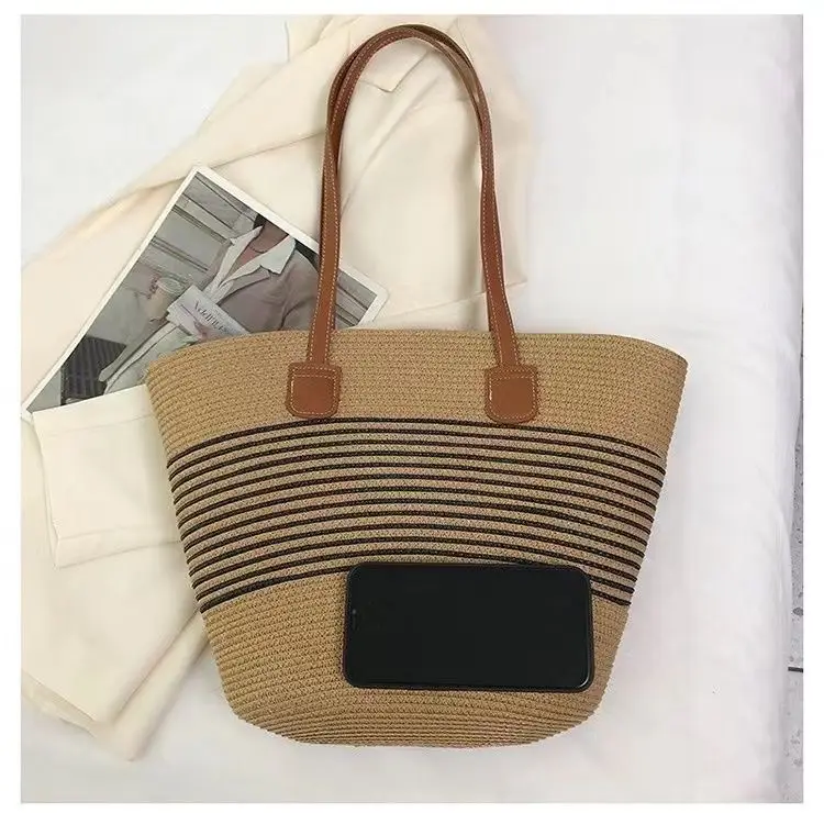 Women Straw Beach Bag Black Stripes 2025 — feature 10