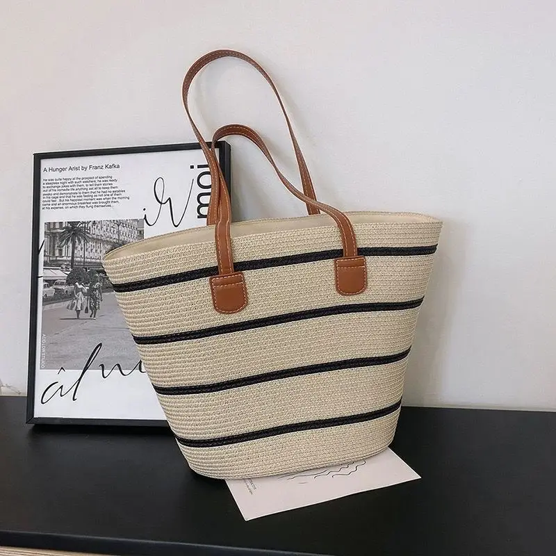 Women Straw Beach Bag Black Stripes 2025 - Image 10