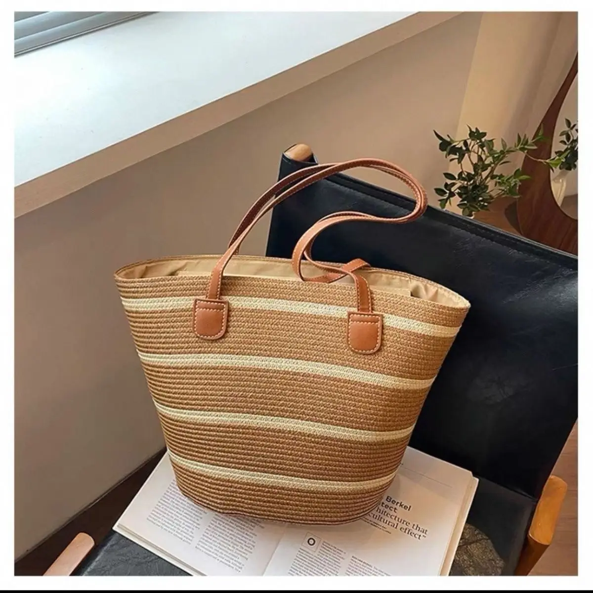 Women Straw Beach Bag Black Stripes 2025 - Image 11