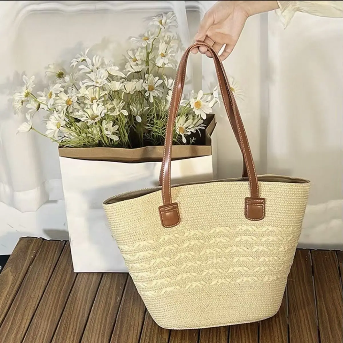 Women Straw Beach Bag Black Stripes 2025 - Image 18