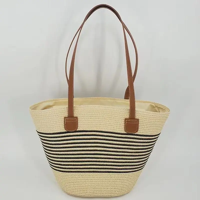 Women Straw Beach Bag Black Stripes 2025 - Image 4