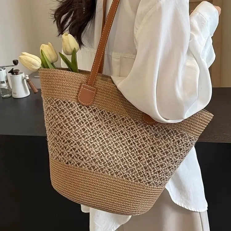 Women Straw Beach Bag Black Stripes 2025 - Image 6