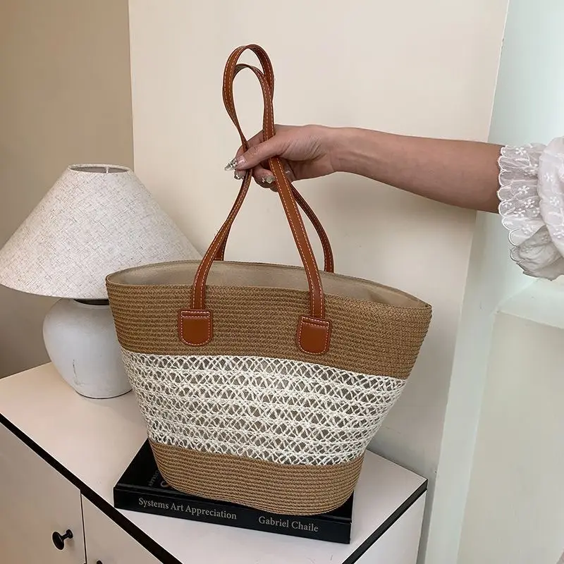 Women Straw Beach Bag Black Stripes 2025 - Image 7