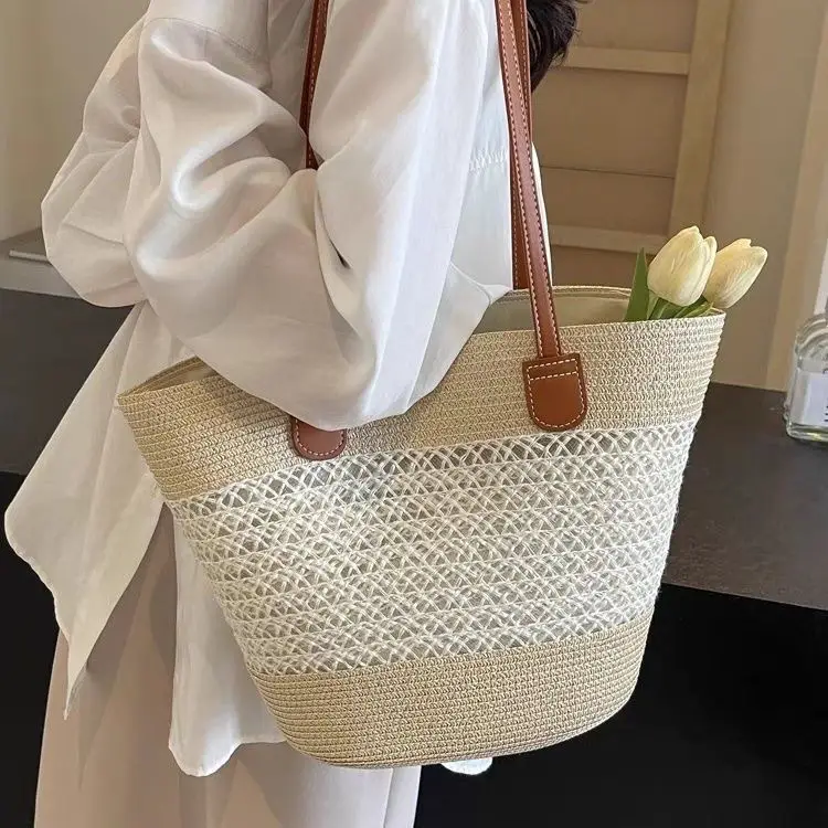Women Straw Beach Bag Black Stripes 2025 - Image 8