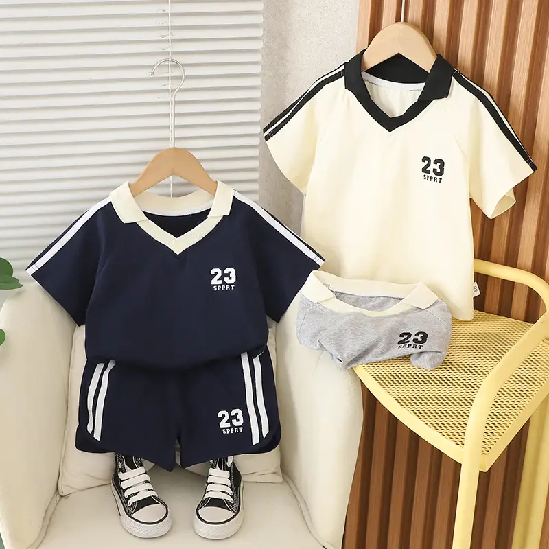 Kids Short Sleeve Suit Black Beige Korean Style - Image 34