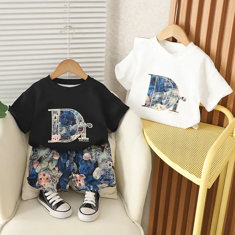 Kids Short Sleeve Suit Black Beige Korean Style - Image 35